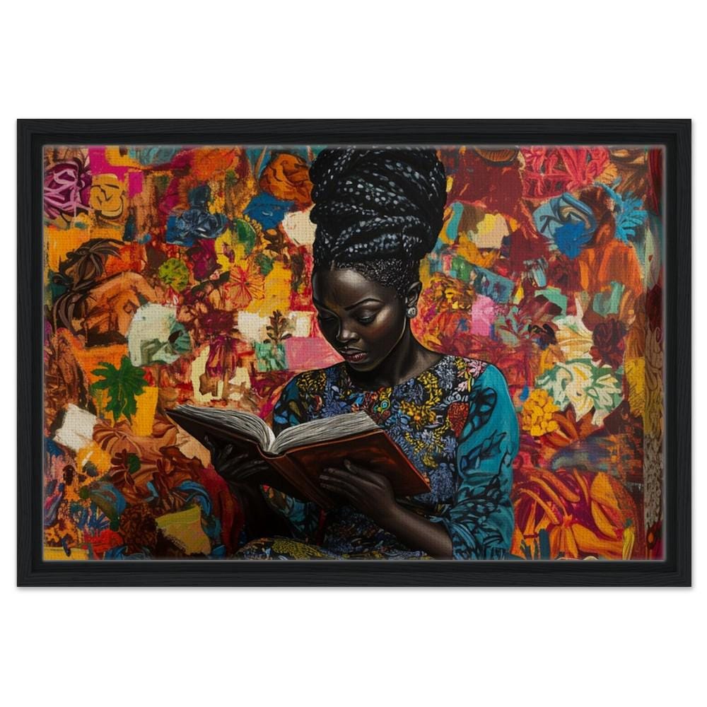 Framed Black Woman Reading Art | Vibrant Literary Canvas | Cultural Abstract Wall Decor for Living Room