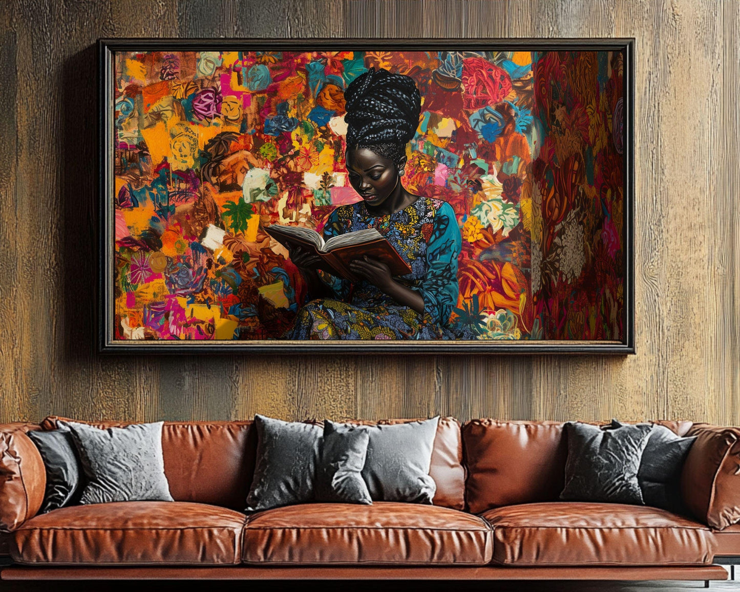 Framed Black Woman Reading Art | Vibrant Literary Canvas | Cultural Abstract Wall Decor for Living Room