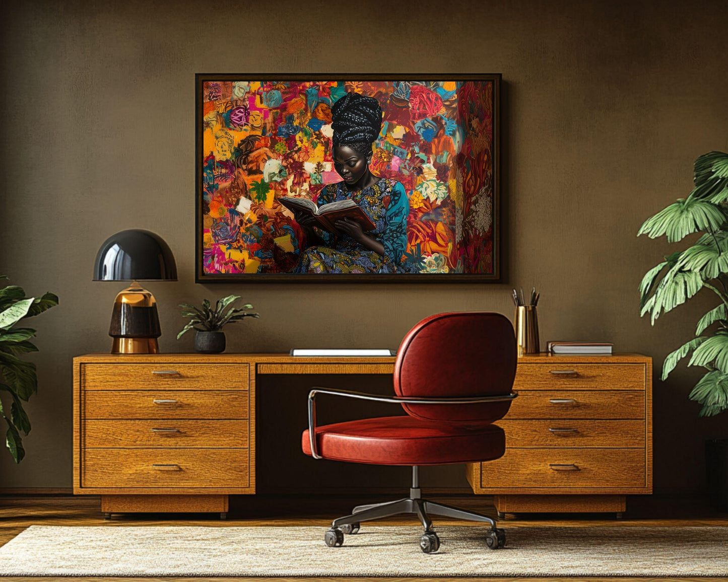 Framed Black Woman Reading Art | Vibrant Literary Canvas | Cultural Abstract Wall Decor for Living Room