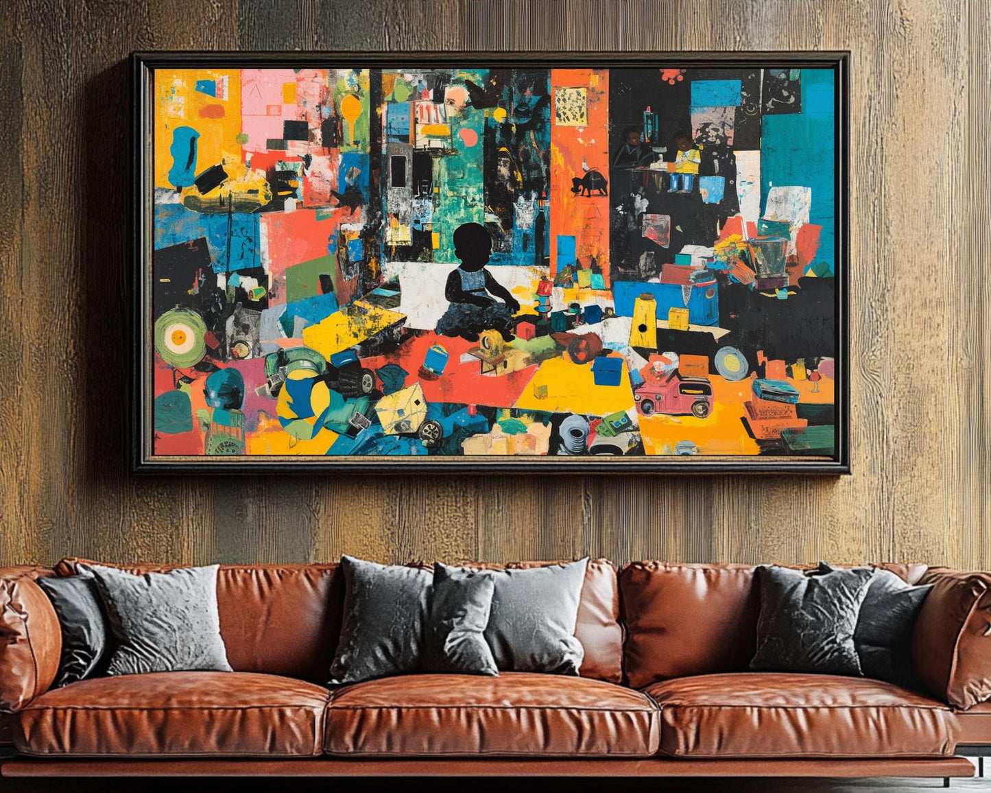 Framed Abstract Playroom Art | Black Child with Toys Canvas | Colorful and Inspiring Wall Decor