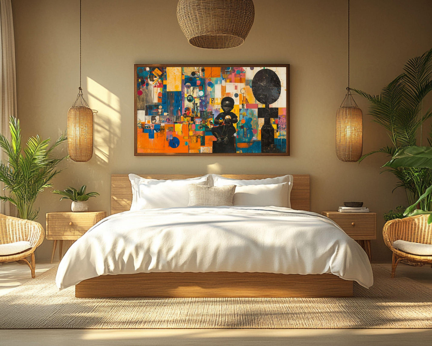 Vibrant Abstract Art of Black Child with Toys | Framed Wall Decor for Nurseries and Playrooms