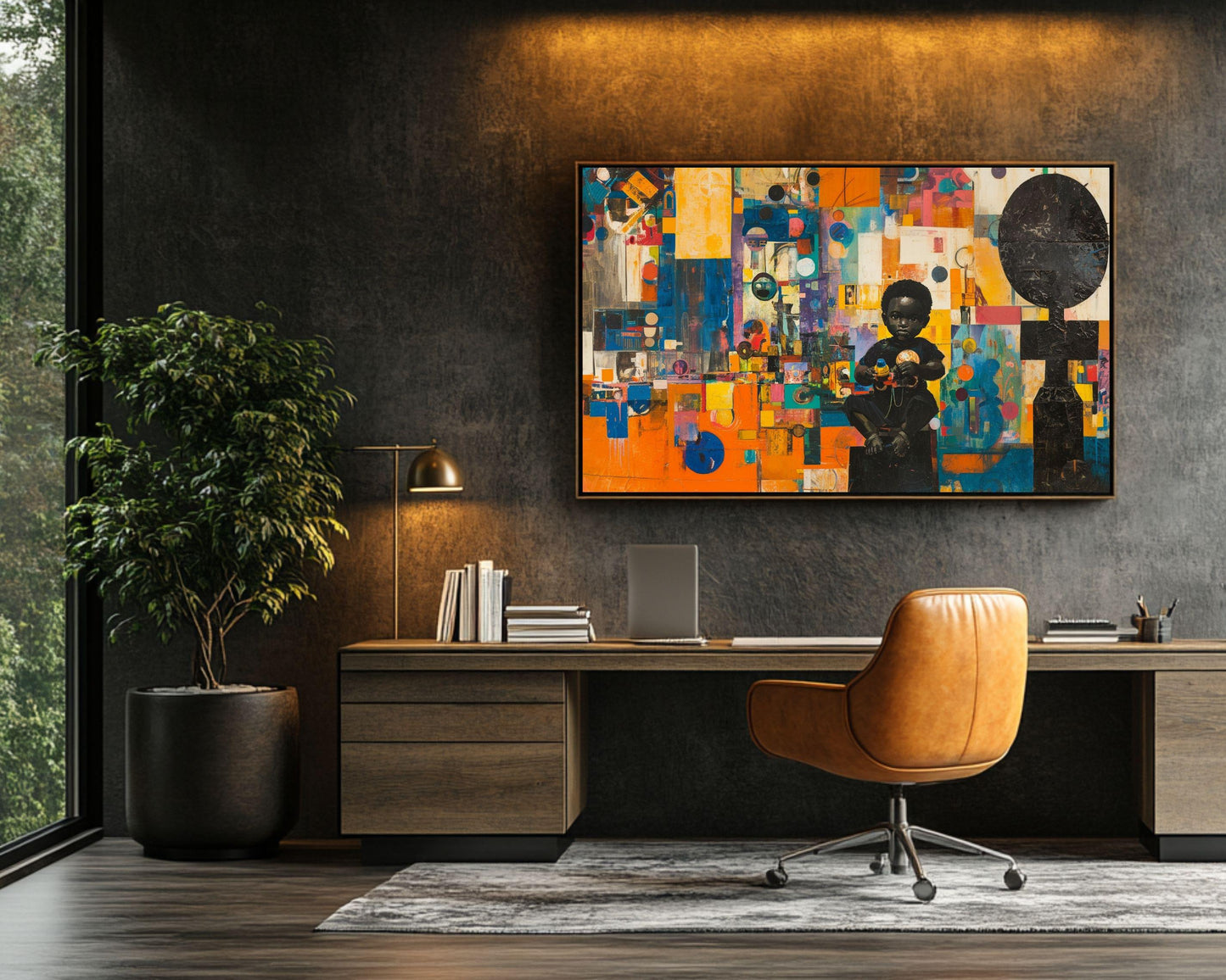 Vibrant Abstract Art of Black Child with Toys | Framed Wall Decor for Nurseries and Playrooms