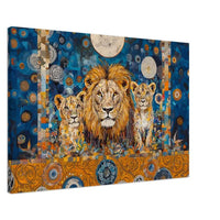 Majestic lion family wall art with vibrant blue and orange background.