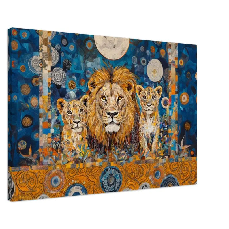 Majestic lion family wall art with vibrant blue and orange background.