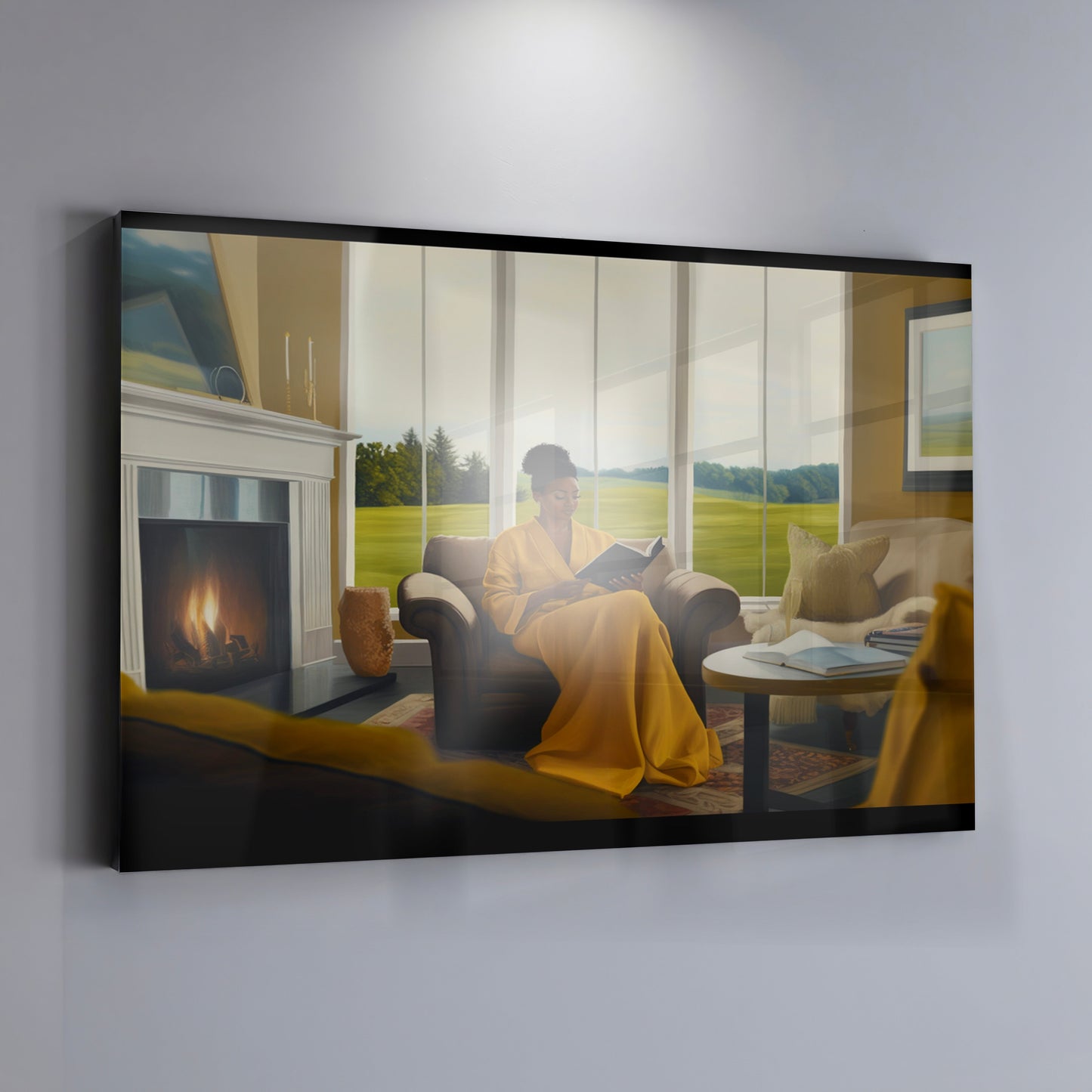 Black Woman Reading by Fireplace African American wall art view 19