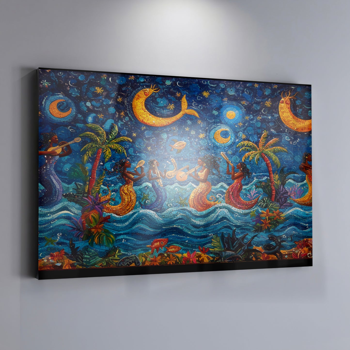 Black Mermaid Moonlit Ocean Caribbean wall art view 19