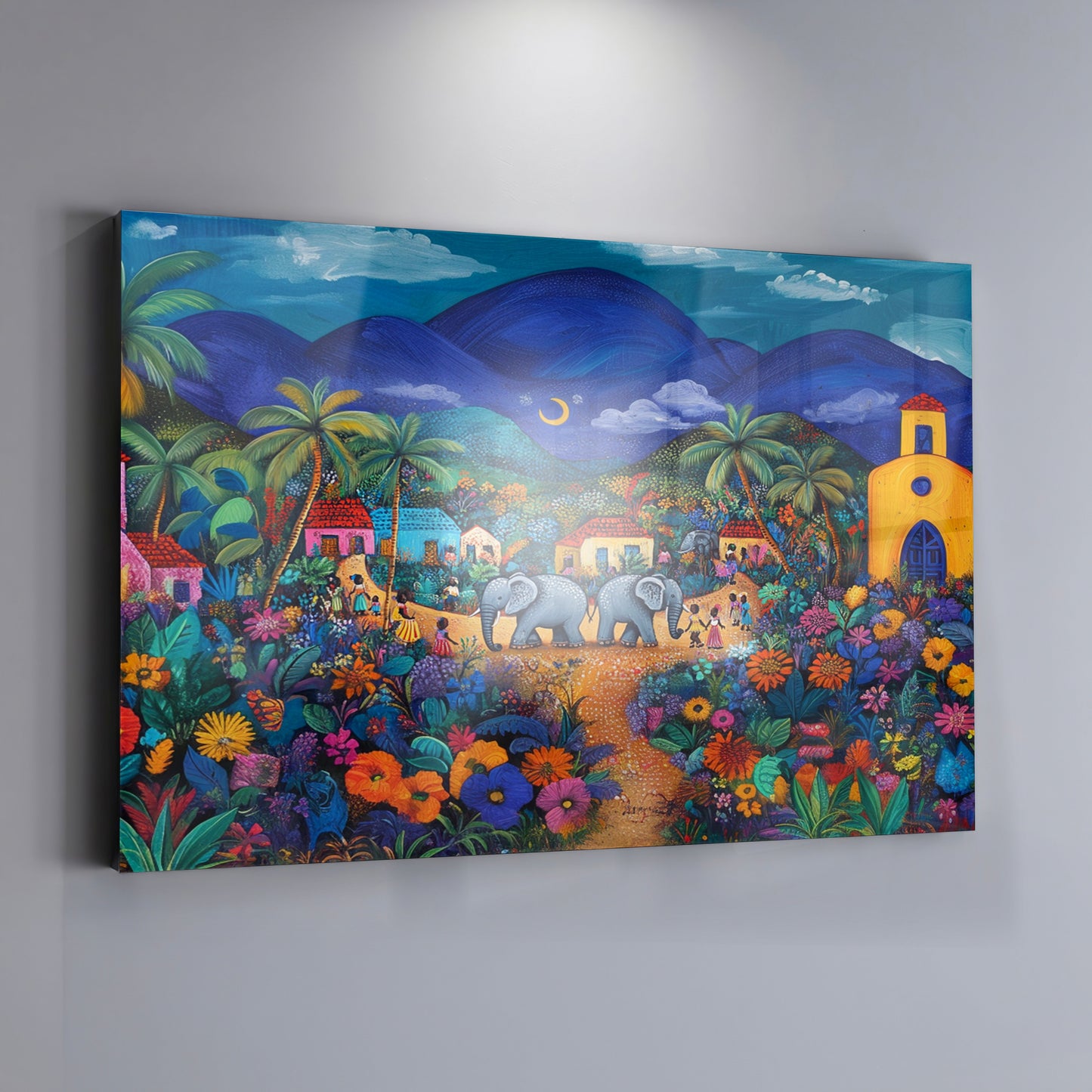Colorful Mountain Village Elephant Caribbean wall art view 19