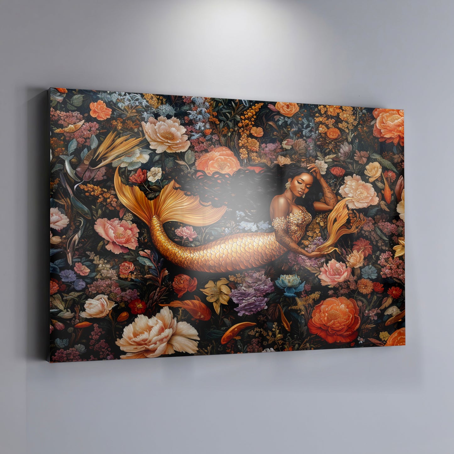 Black Mermaid Dark Floral African American canvas print view 19