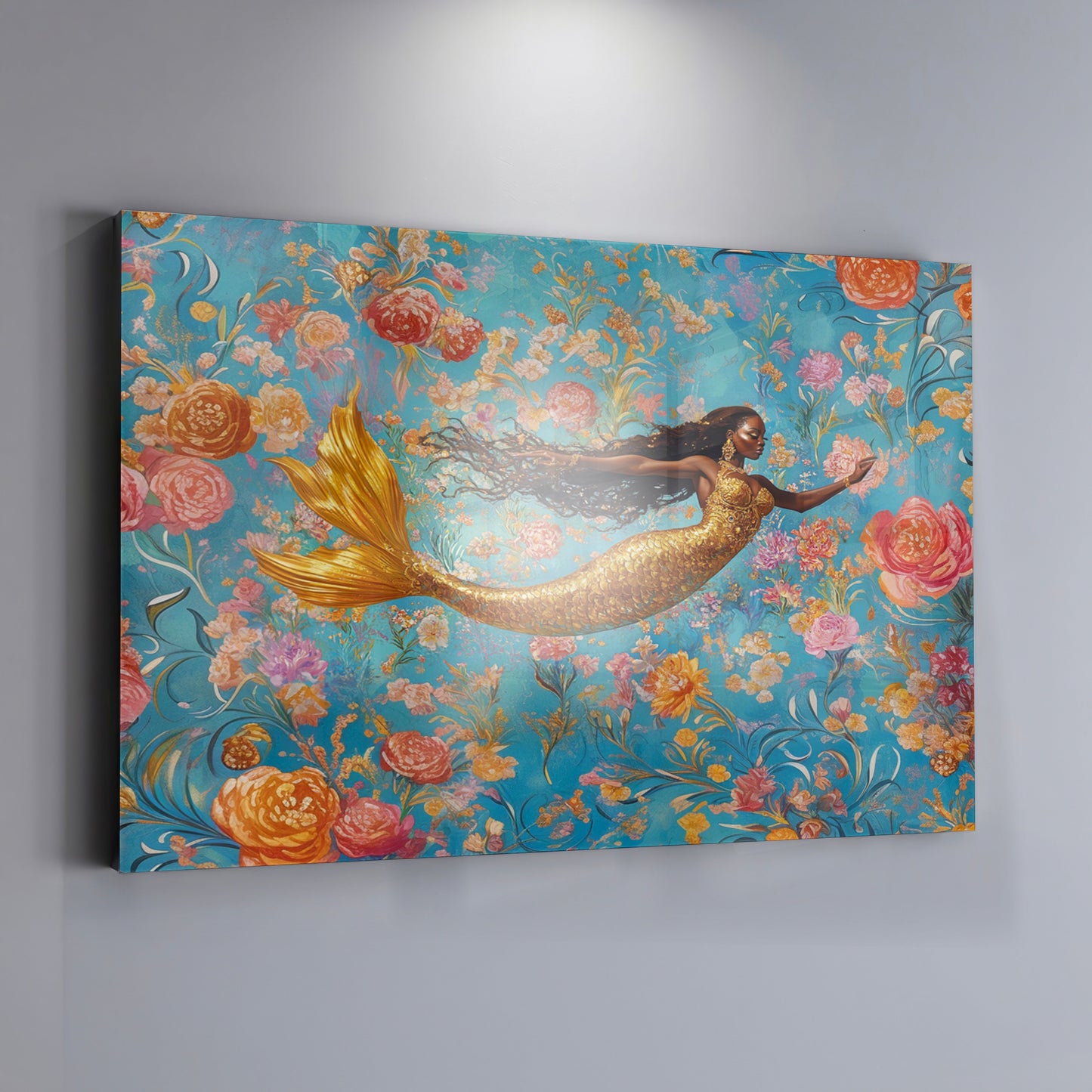 Black Mermaid Turquoise Floral African American canvas print view 19